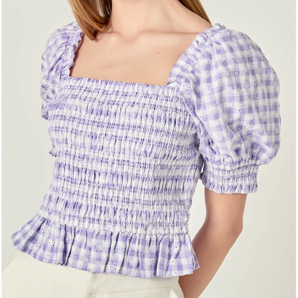 NWT English Factory Women’s Square Neck Women's Gingham Blouse Purple White SZ S